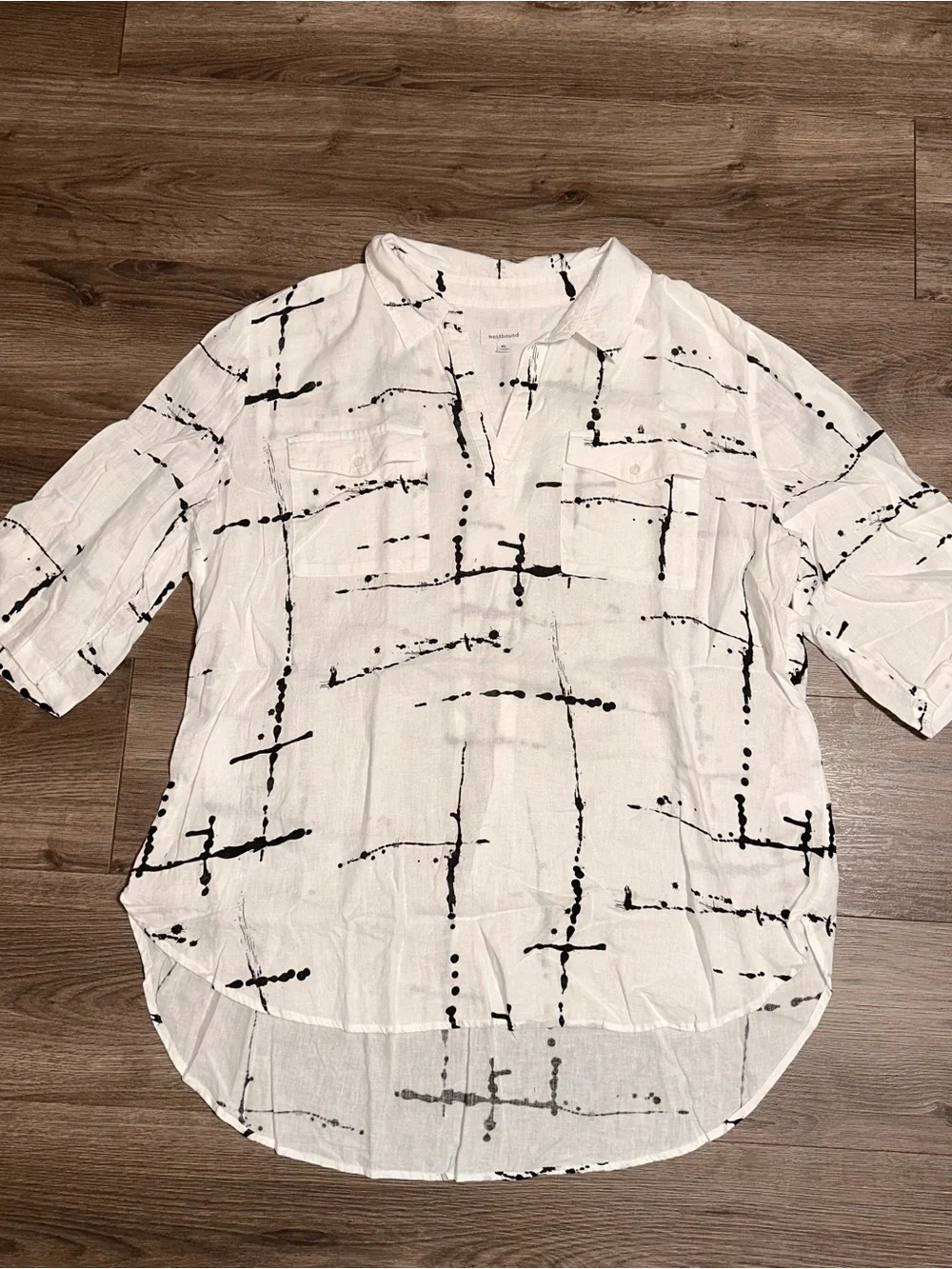 Linen Blend Button-Down Shirt with Black Abstract Print Short Sleeve Shirt
